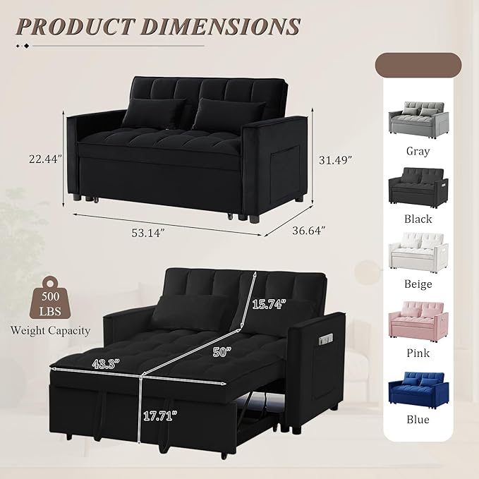 3 in 1 Convertible Sleeper Sofa Bed Futon Couches for Living Room with Side Pocket/Adjustable Backrest Velvet Upholstered Pull Out Couch Small Loveseat Sofa Bed for Bedroom Office Small Spaces