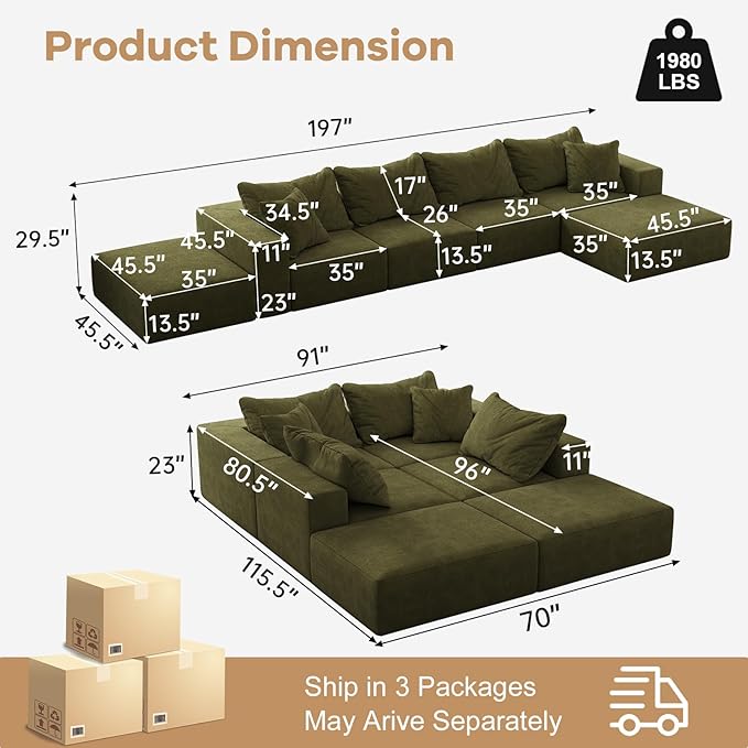 197” Modular L-Shaped Sectional Sofa Cloud Chenille Couch with 6 Pillows No-Assembly Customizable Sofa for Living Room &amp Bedroom Green