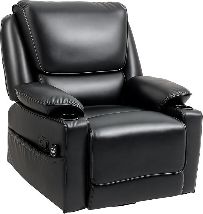 HOMCOM Swivel Rocker Recliner Chair with Vibration Massage and Heat Oversized Ergonomic Lounge Chair with PU Leather Remote Footrest Cup Holders and Side Pockets for Living Room Black