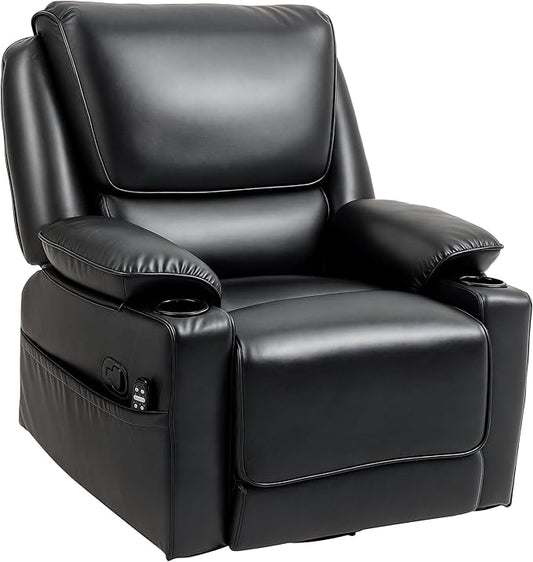 HOMCOM Swivel Rocker Recliner Chair with Vibration Massage and Heat Oversized Ergonomic Lounge Chair with PU Leather Remote Footrest Cup Holders and Side Pockets for Living Room Black