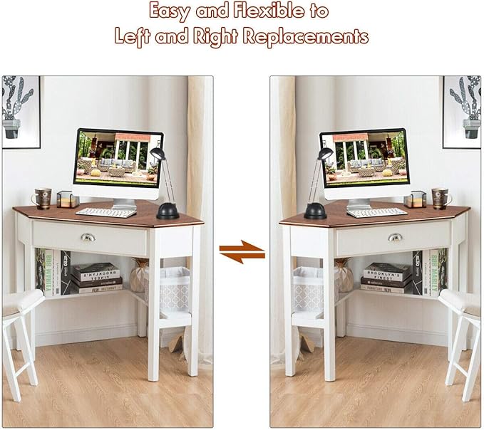 Corner Desk Compact Home Office Corner Desk Organizer90 Degrees Triangle Computer Laptop Writing Table for Small Spaces with Storage Shelf and Drawer (Natural)