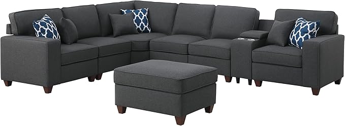 127 L-Shaped Sectional Couch with Movable Ottoman &amp 6 Throw Pillows7 Seat Chenille Upholstered Sofa W/2 Cup HoldersUSB Port &amp Hidden Storage BoxDIY Combinationfor Living RoomApartmentGr