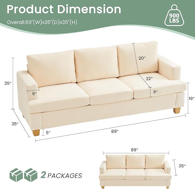 YOUDENOVA Sofa 3 Piece Set Comfy Sofa Loveseat &amp 2 3-Seater Couch with Deep Seats for Living Room Modern Sleeper Couch Beige Chenille