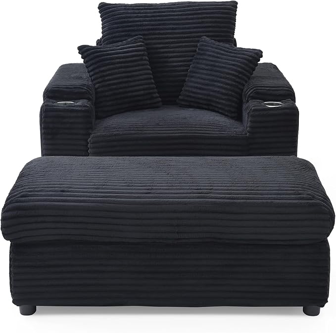 43.3 W Corduroy Chaise Lounge Chair with with Cup Holders &amp Storage Ottoman Comfy Sleeper Chair with 2 Pillow Extra Wide Armrests Modern Deep Seat Reading Armchair for Living Room (Black)