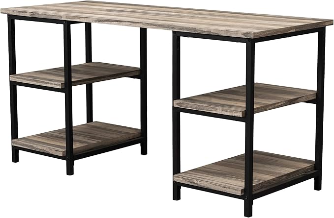 59 Inches Computer Desk Trestle Desk with Both Side 2-Tier Shelves Modern Simple Style Study Work Game Desk Workstation Home Office Table Rustic Wood Desk
