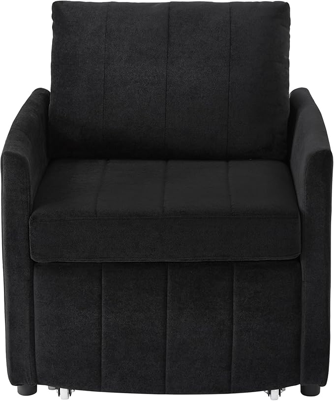 Pull Out Sofa Bed for Living Room 31.5 Upholstered Convertible Sleeper Sofa 3-in-1 Convertible Sleeper Chair with 5-Position Adjustable Backrest Side Pockets and a Storage Basket (Black/352)