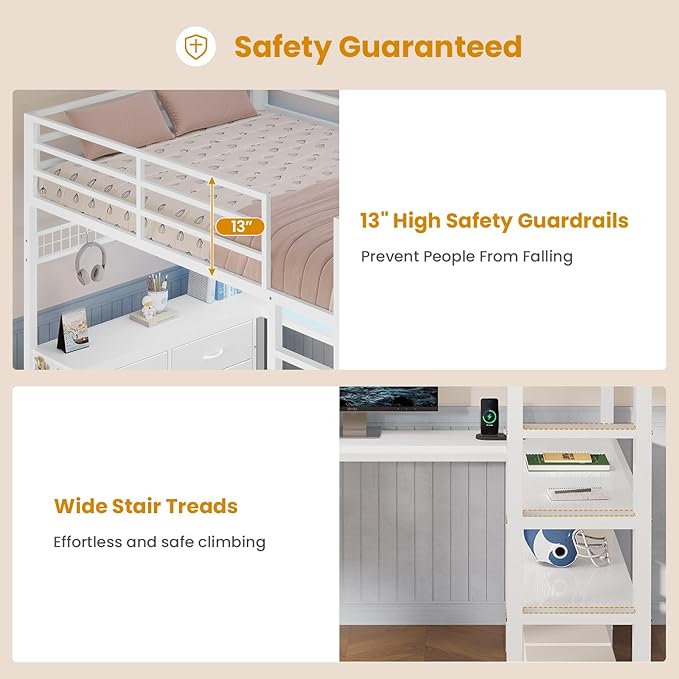 ADORNEVE Loft Bed Full Size with U-Shaped Desk 6 Storage Drawers Power Outlet LED Metal Loft Bed with 2 Storage Shelves Bed with Safety Guardrail &amp LaddersSpace-SavingWhite