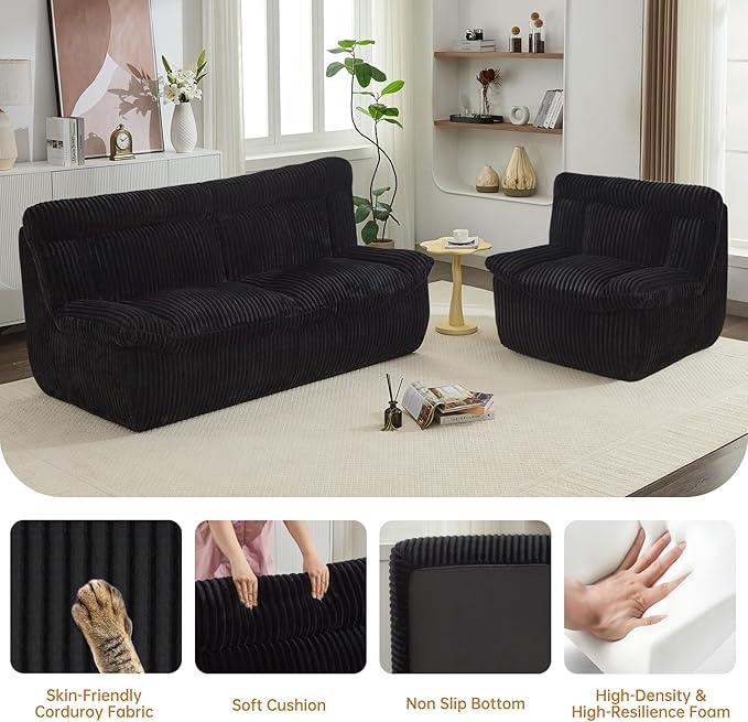82'' Boneless Corduroy Loveseat Sofa for Living Room Oversized Cloud 2-Seater Couch with Deep Seat Black Corduroy Couches Compressed Sofa in a Box for Living RoomNo Assembly Couch