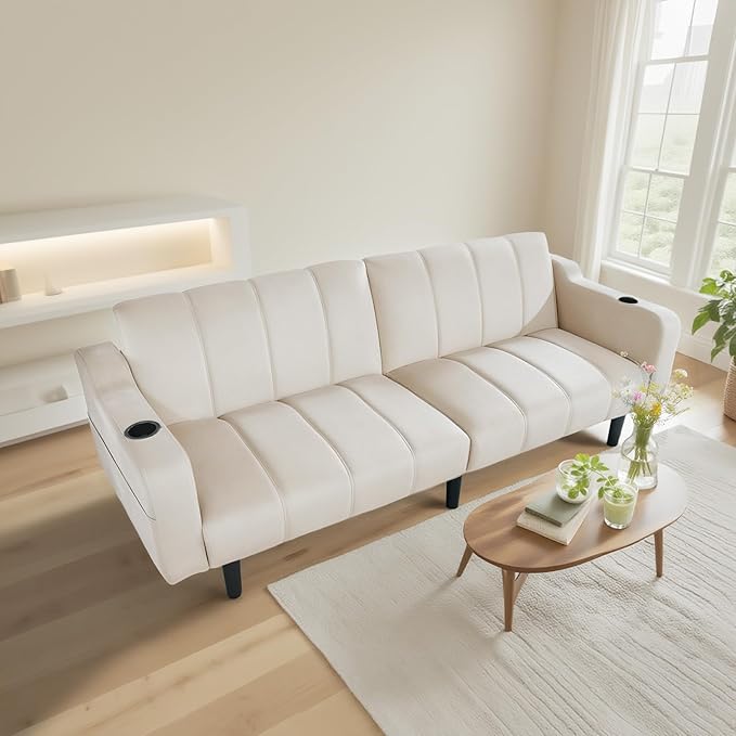 Brelice Futon Sofa Bed 80 Sleeper Loveseat Futon Couch with Cup Holders &amp Side Pockets Velvet Sofa Cama for Living Room and Small SpaceOff-White