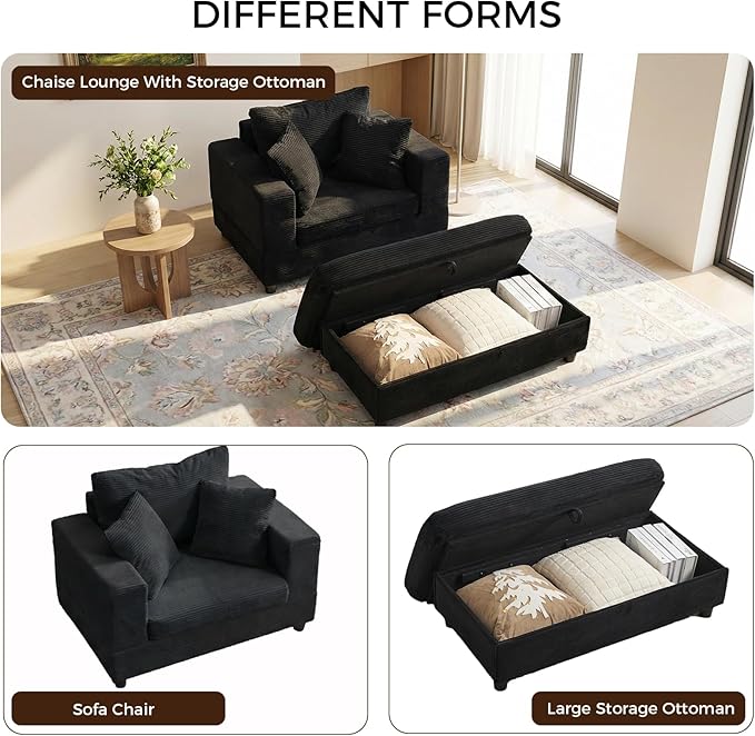 Chaise Lounge Chair IndoorOversized Corduroy Upholstered Sofa Bed with Removable Storage Ottoman Small Cloud Sofas for Living Room Comfy Deep Seat Sleeper Couch Reading Chairs - (Black)