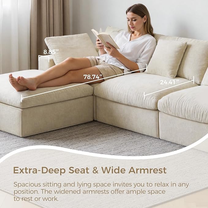 120 L-Shaped Boneless Cloud Couch Modular Sectional Sofa with Ottoman and Extra-Wide Armrests Deep Seat Sectional Couches for Living Room 35D High-Density Foam No Assembly Required Beige