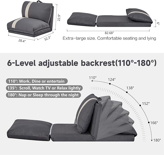Folding Sofa Bed Set of 2 Convertible Floor Sofa with 6-Position Adjustable Backrest Metal Frame and Handle Futon Floor Couch for Dorm Bedroom Apartment Dark Gray