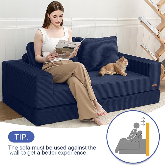 COMAX Convertible Sofa Bed Queen Corduroy Folding Floor Couch Pull Out Couch Bed Futon Sleeper with Pillows Fold Out Boneless Sofa Comfy Lounge Mattress Loveseat for Living Room Bedroom Navy