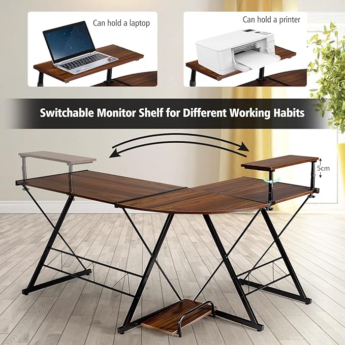 POWERSTONE L Shaped 58 Work from Home Computer Desk Rustic Writing Office Workstation Corner Curved Gaming Table with Monitor Stand and Storage Shelve