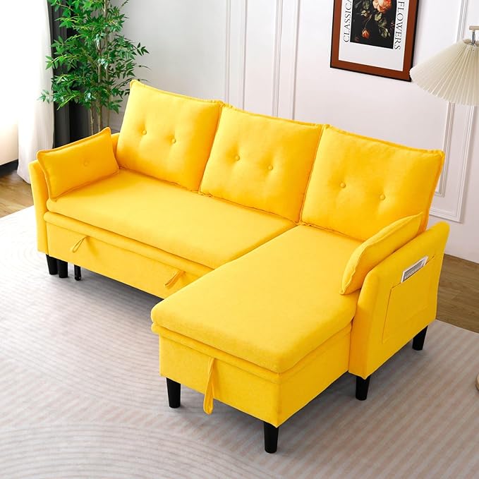 78 L-Shaped Sleeper Sofa Bed Couch 3-Seater Reversible Pull Out Couch Bed with Storage Chaise Lounge Cotton-Linen Pullout Sofabed Sectional Couches for Living Room Apartment Yellow