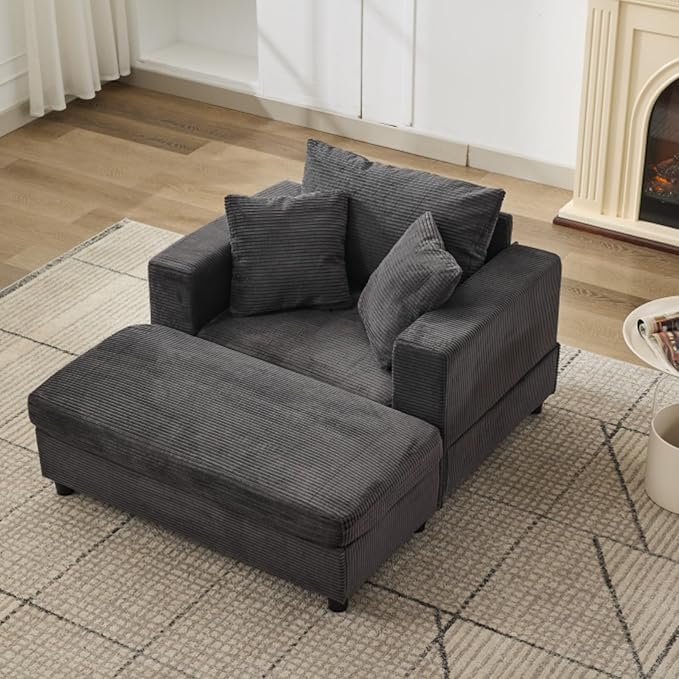 Chaise Lounge Chair with Removable Ottoman Modern Corduroy Accent Sleeper Sofa Bed with Pillows Deep Seat Upholstered Armchair for Living Room Bedroom (Dark Gray)
