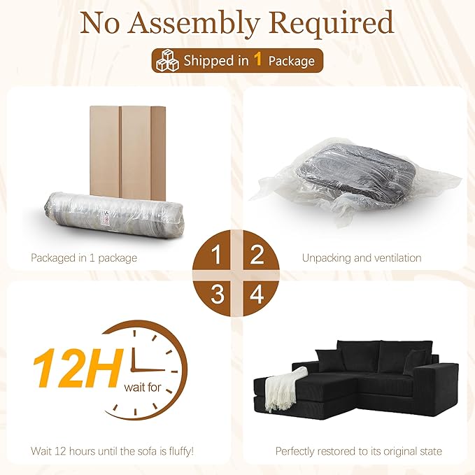 80 Inches Modular Sectional Loveseat Sofa Cloud Boneless Couch with Non-Slip Base Modern Sleeper Sofa Bed for Living Room Small Spaces No Assembly Required Corduroy (Black)