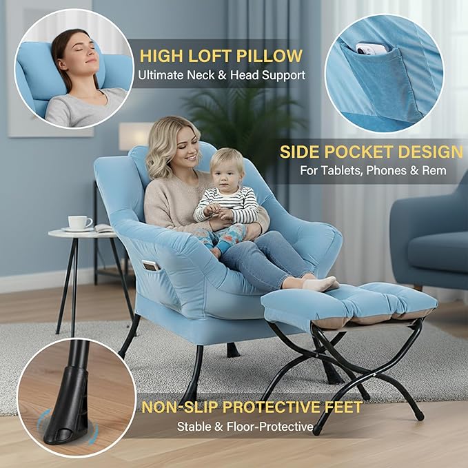 Cozy Lazy Chair and Ottoman Large Contemporary Velvet Blue Accent Chair Set Modern Leisure Upholstered Reading Armchair for Office Bedroom Living Room Dorm Rooms Balcony