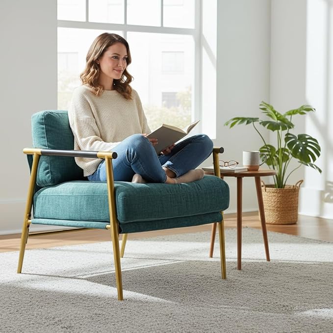 Modern Minimalist Accent Chair Soft Polyester Fabric with Metal Frame and Wood Armrests Living Room Bedroom Office Seating (Teal Blue)