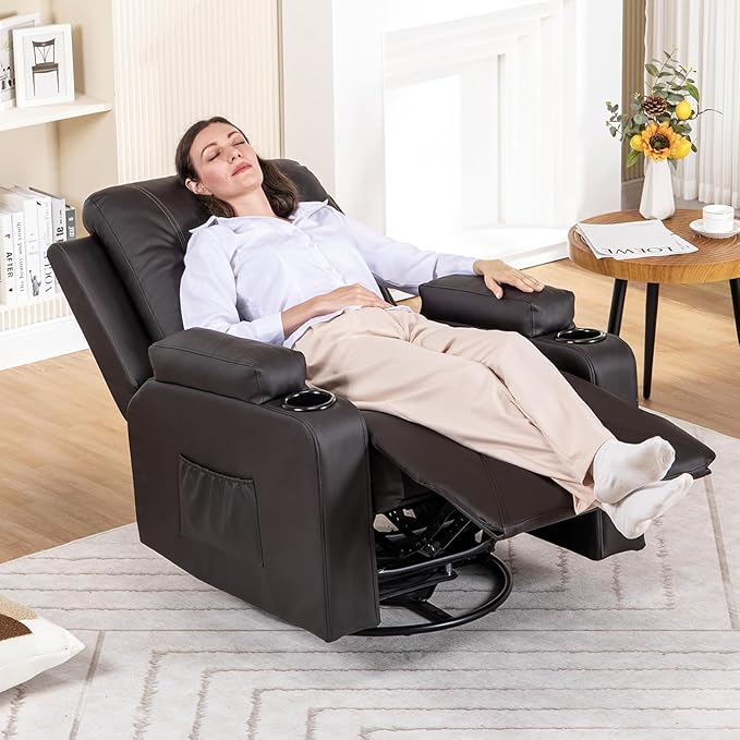 COMHOMA Recliner Chair Swivel Rocker Recliners Reclining Sofa with Side Pockets Cup Holders for Living Room Bedroom (Brown)