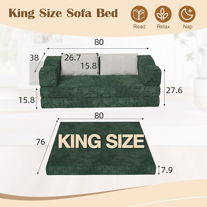 80 Convertible Folding Sofa Bed 4-in-1 DIY Combination Fold Out Sleeper Sofa Bed King Size Loveseat sleeper Couch w/ Removable Armrests Chenille Floor Couch Small couches for small spaces (Green)