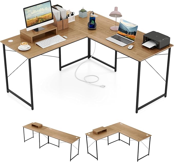 Tangkula L-Shaped Computer Desk with Power Outlets 95” Long 2-Person Desk with Monitor Shelf Modern Corner Desk Gaming Table with USB Ports for Home Office