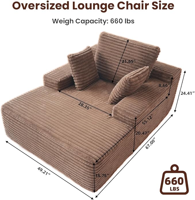 Oversized Chaise Lounge Chair Indoor 67'' Corduroy Boneless Sofa Bed Modern Upholstered Deep Seat Sleeper Couch for Living Room Movie Room Apartment Small Space No Assembly Brown