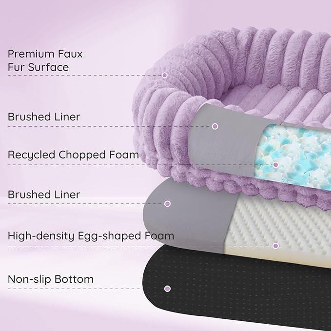 Human Dog Bed for Adult - Luxury Striped Faux Fur Giant Dog Bed with Portable Handle Egg Orthopedic Foam Pad with Thick Blanket 72x40x10 Purple