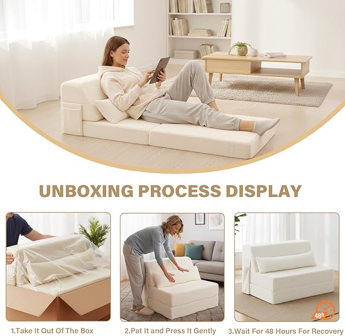 Tiita Convertible Folding Sofa Bed Single Size for Adults with Pillow Plush Fabric Floor Mattress Couch Bed Washable Cover &amp Side Pocket Guest Room Dorm Apartment Living Room Beige