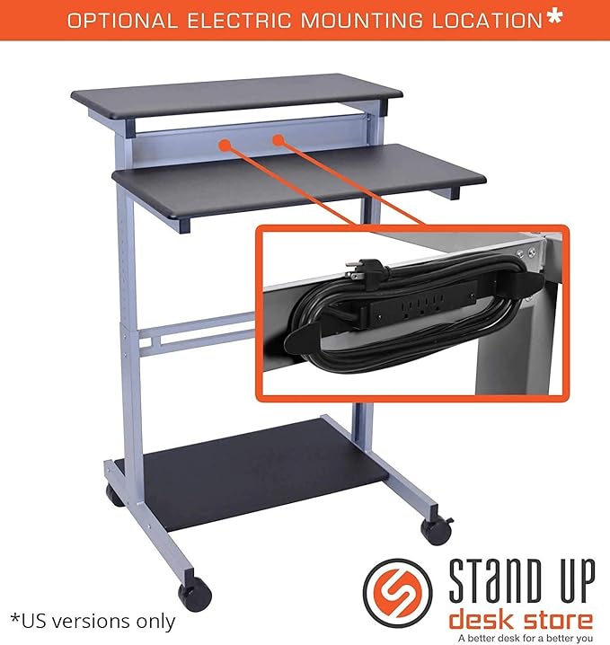 S STAND UP DESK STORE Rolling Adjustable Height Two Tier Standing Desk Computer Workstation (Silver Frame/Black Top 32 Wide)
