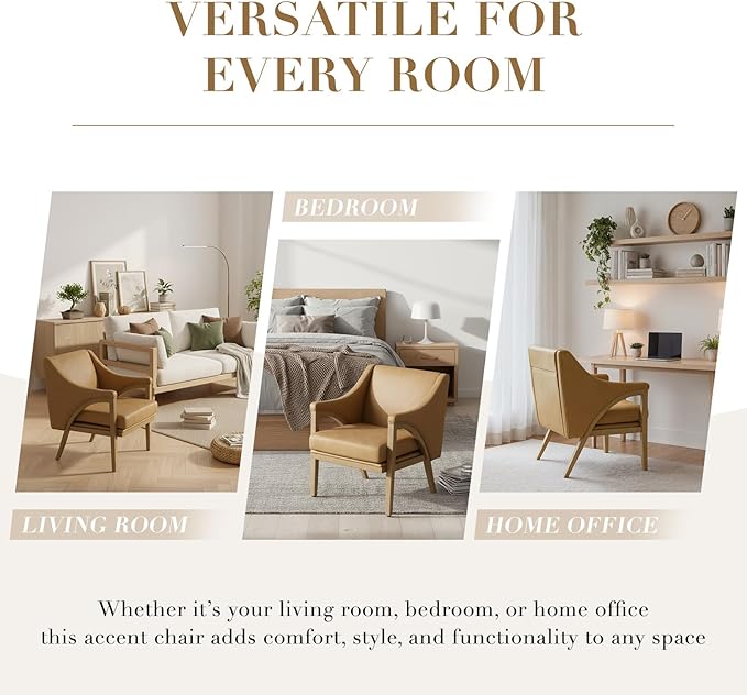 Mid Century Modern Accent Chairs Set of 2 with Barrel Back Upholstered Armchair Comfy Reading Chairs with 4 Thick Cushion Solid Wood Legs for Living Room/Bedroom/Reading Corner PU Fabric Brown