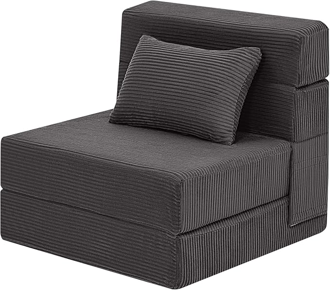 MeMoreCool Boneless Folding Chair Bed – Dark Grey Corduroy Single Sleeper Sofa 4-in-1 Convertible Futon Couch with Pillow Compact Fold-Out Floor Mattress with Washable Cover for Bedroom Guest Room