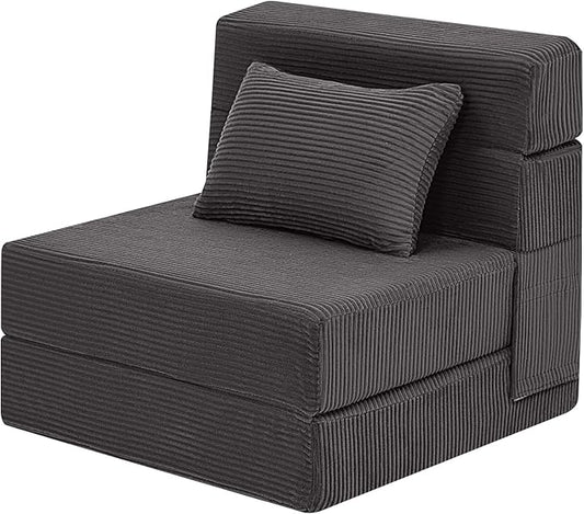 MeMoreCool Boneless Folding Chair Bed – Dark Grey Corduroy Single Sleeper Sofa 4-in-1 Convertible Futon Couch with Pillow Compact Fold-Out Floor Mattress with Washable Cover for Bedroom Guest Room