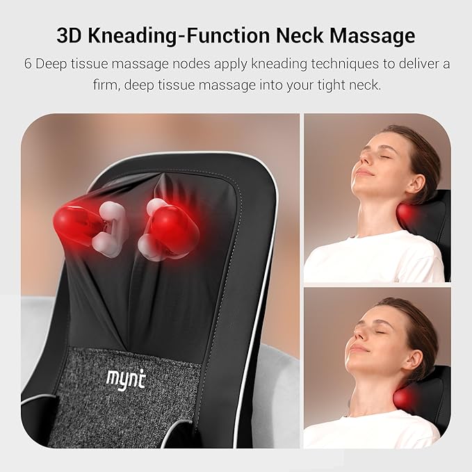 Mynt FSA Eligible HSA Approved Shiatsu Neck and Back Massager for Chair with 10 Deep Kneading Nodes 2D &amp 3D Back Massage with Heat Portable Spot Massage Chair Pad (Black)