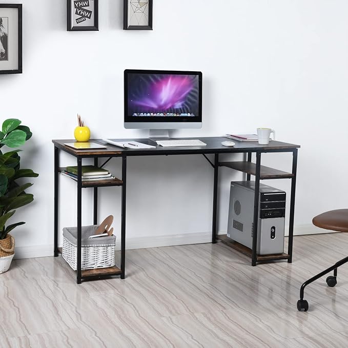 FurnitureR Home Office Desk Wood Top L47.2 Contemporary Writing Table with 4 Storage Shelves for Home Office Study Living Room Computer Desk Brown&ampBlack