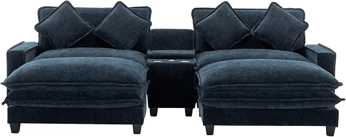 Sectional Sofa Chenille Upholstered with 2 Removable Ottoman 2 USB Ports 2 Cup Holders Large Storage Box for Living Room