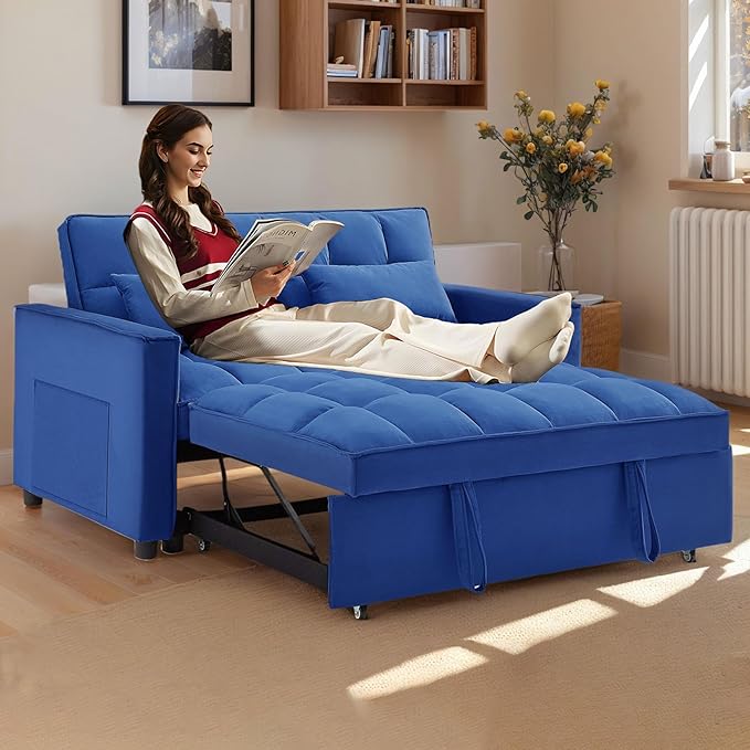 54 Convertible Sofa Bed Velvet Sleeper Sofa with Pull-Out Bed 3-in-1 Futon Couch with Reclining Backrest and Side Pocket Modern Loveseat for Living Room (Dark Blue)