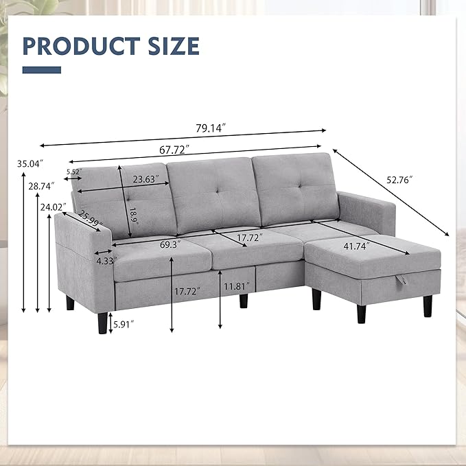 79 Convertible Sectional Sofa Small L Shaped 3 Seat Couch with Storage Chaise and Side Pocket Modern Linen Fabric Reversible Sofa Couches for Living Room Apartment and Small Space