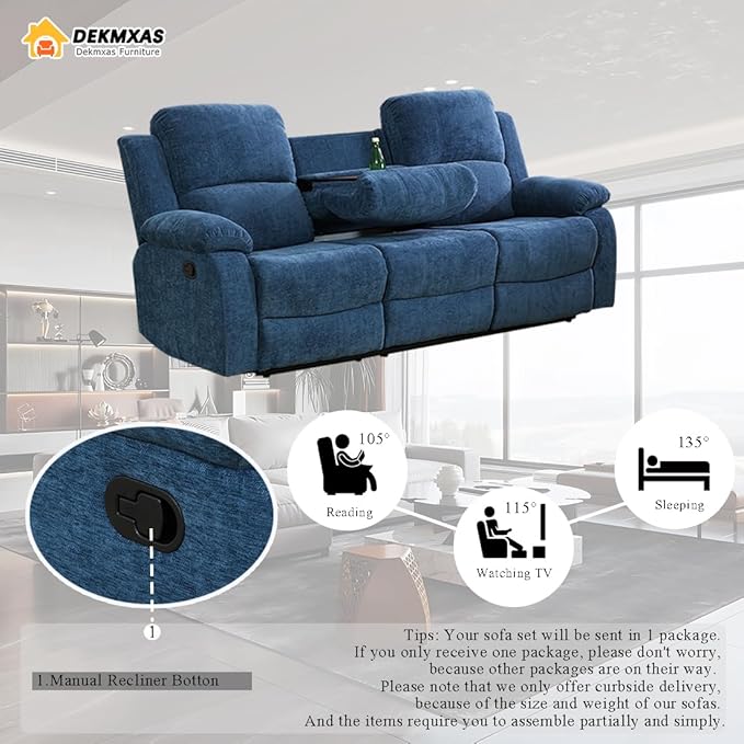 3 Seater Recliner Sofa Couch Modern Manual Reclining Sofa Fabric Reclining Sofa Living Room Couch with Dual Cup Holders and Drop Down Table for Living Room/Office/Rv Car (Blue 3 Seater Sofa)