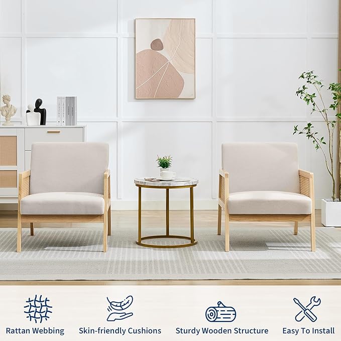 Mid Century Modern Accent Chair Comfy Living Room Chairs with Sturdy Wood Legs Rattan Backrest &amp Beige Thick Linen Cushion Armchair for Bedroom Balcony Apartment (Beige-A) 2 PCS