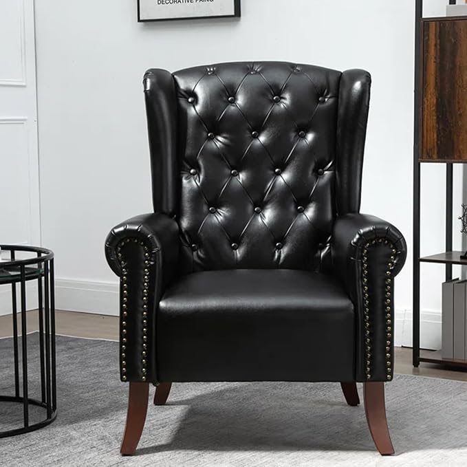 Faux Leather Accent Chair Mid-Century High Back Armchair Upholstered Club Sofa Chair with Wooden Legs Living Room Chair for Bedroom Office Lounge (Black)