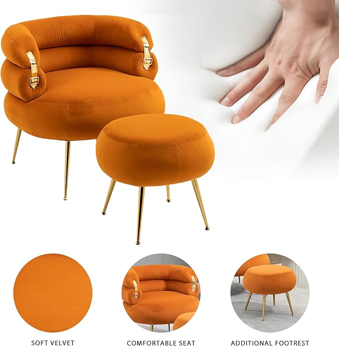 Velvet Accent Chair with Ottoman Set Modern Upholstered Armchair Tufted Chair with Footstool Single Sofa Chair with Golden Metal Legs for Living Room (Orange)