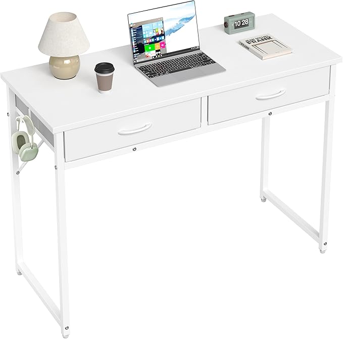 Pinmoco42 inch Writing Desk with 2 Fabric Drawers&amp RGB LED Light Study with Hanging Hook for Small Spaces Home Office White
