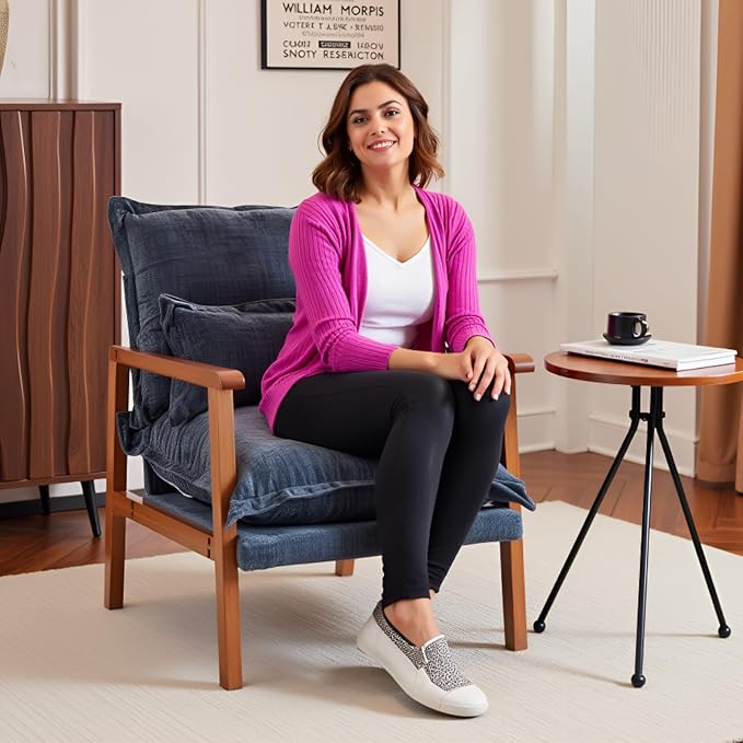 Karl home Midcentury Accent Chair for Living Room Chenille Upholstered Lounge Armchair with Lumbar Pillow Ruffle-Designed Cozy Reading Chair with Wood Legs Dusty Blue