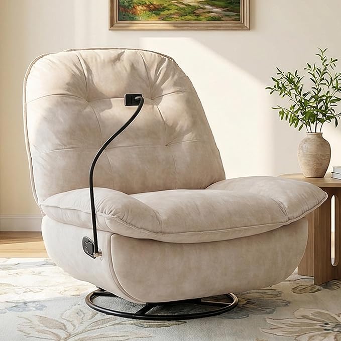 Swivel Rocker Recliner Chair for Adult Glider Nursery Rocking Chair Armless Single Recliner Sofa for Living Room Oversized &amp Overstuffed Phone Holder Included Beige