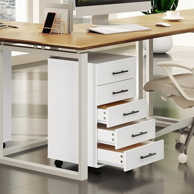 HOOBRO 5-Drawer File Cabinet Office Filing Cabinet with Drawers Wooden Mobile Storage Cabinet with Wheels for Makeup Home Office Easy Assembly White WT05WJ01G1