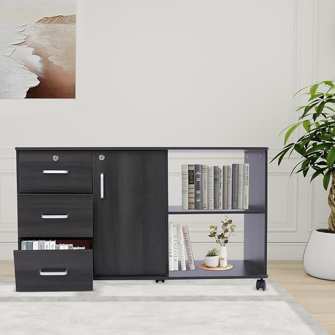 Mobile File Cabinet with Lock 3-Drawer Storage Cabinet with Door and 2 Open Compartments 39.4 Inch Top Rolling Office Cabinet for Home Office Study School (Black)