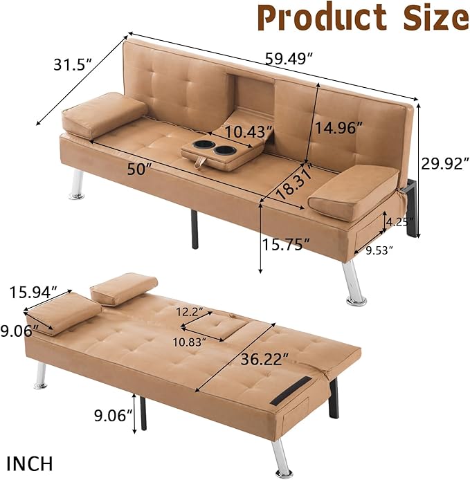 Anwick Convertible Folding Futon Sofa BedModern PU Leather Sleeper Love Seat with 3 Reclining Backrest &amp Cup Holders67 Comfy Sofa Couches for Living Room Small Home Office (Brown)