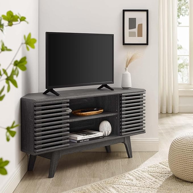 Modway Render Mid-Century Modern Low Profile 46 Corner Media TV Stand in Charcoal