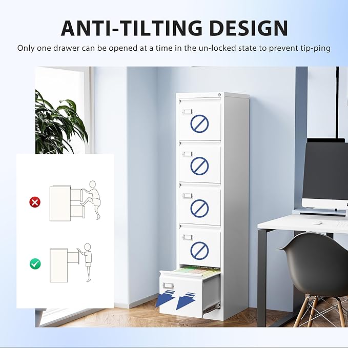 5 Drawer File Cabinet Filing Cabinets for Home Office Vertical File Cabinet with Lock 61.6 H Locking File Cabinet for A4 Legal/Letter Assembly Required (White)